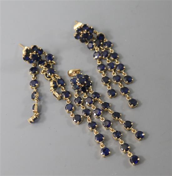 A pair of 14ct gold and multi drop sapphire earrings and matching pendant.